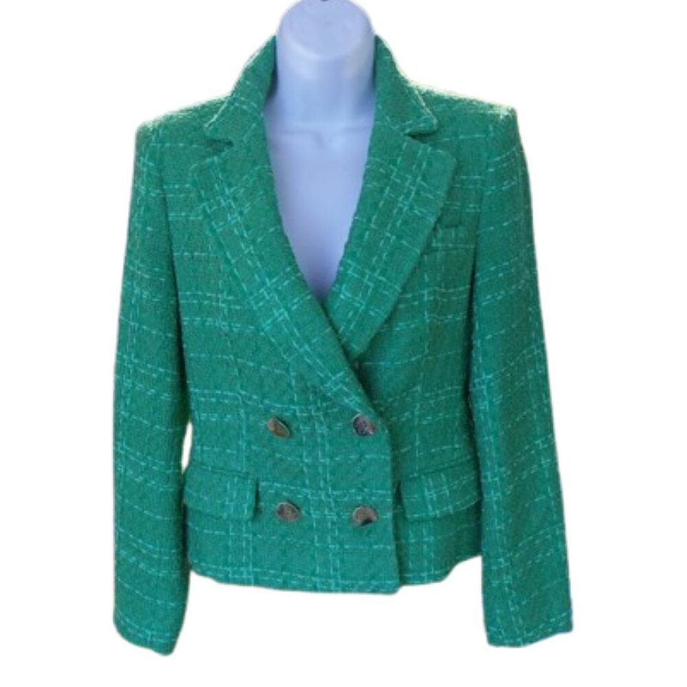 ZARA Green Tweed Textured Weave Double Breasted Suit Jacket Blazer Sz Small / 26